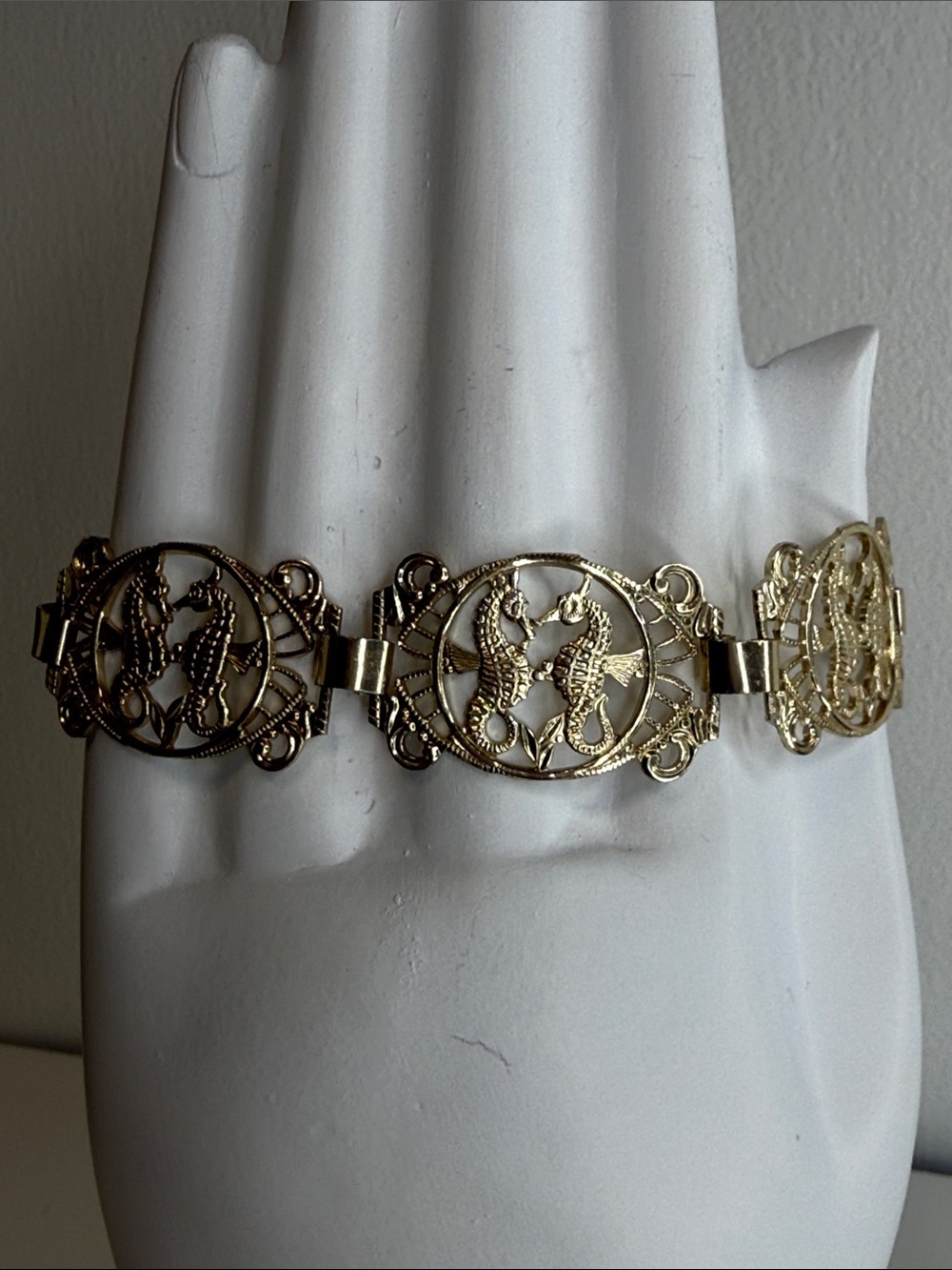 Vintage Mid Century Seahorse Filigree Panel Bracelet
